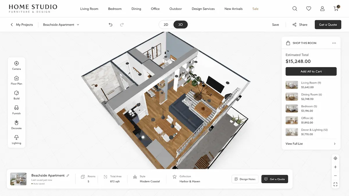 Planner 5D room planner showing a 2D plan and 3D view