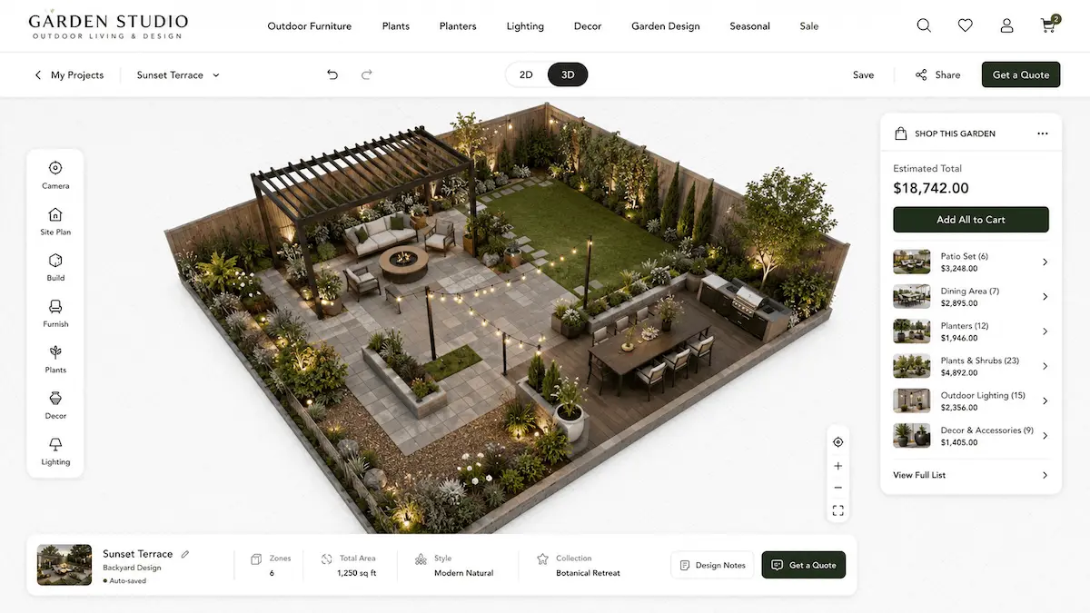 Planner 5D garden planner showing a 2D plan and 3D view