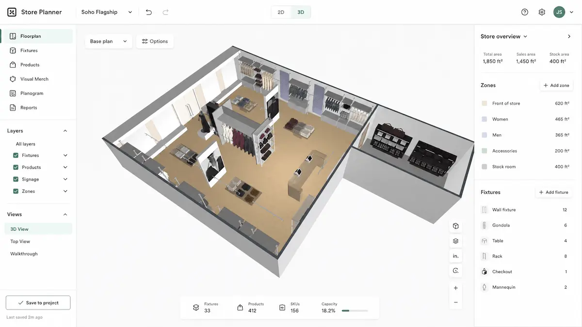 Planner 5D shopfitting planner showing a 2D plan and 3D view