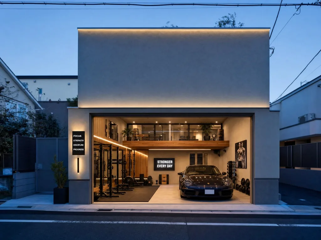 Luxury garage gym with a parking area