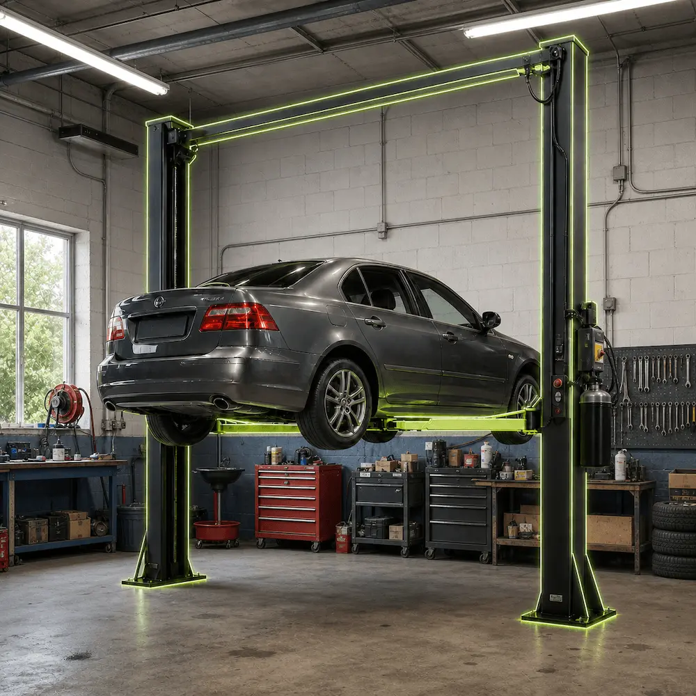 A vehicle on a two-post lift in a workshop bay