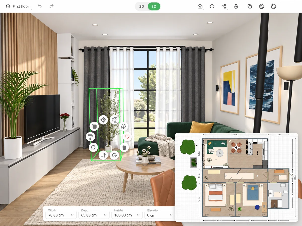 Room planner interface showing a 3D living room and 2D floor plan