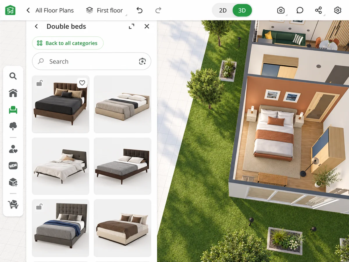 Furniture catalog with beds and a 3D bedroom preview