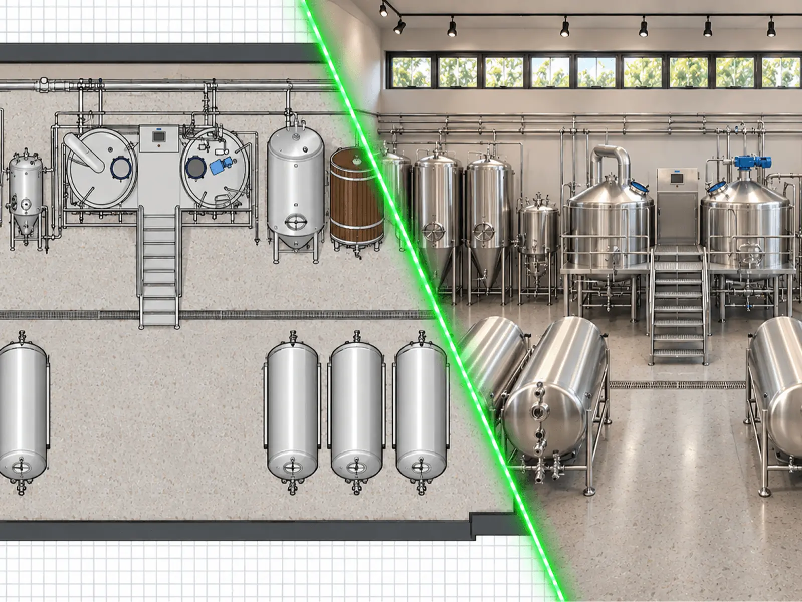Facility layout with stainless-steel tanks and processing equipment