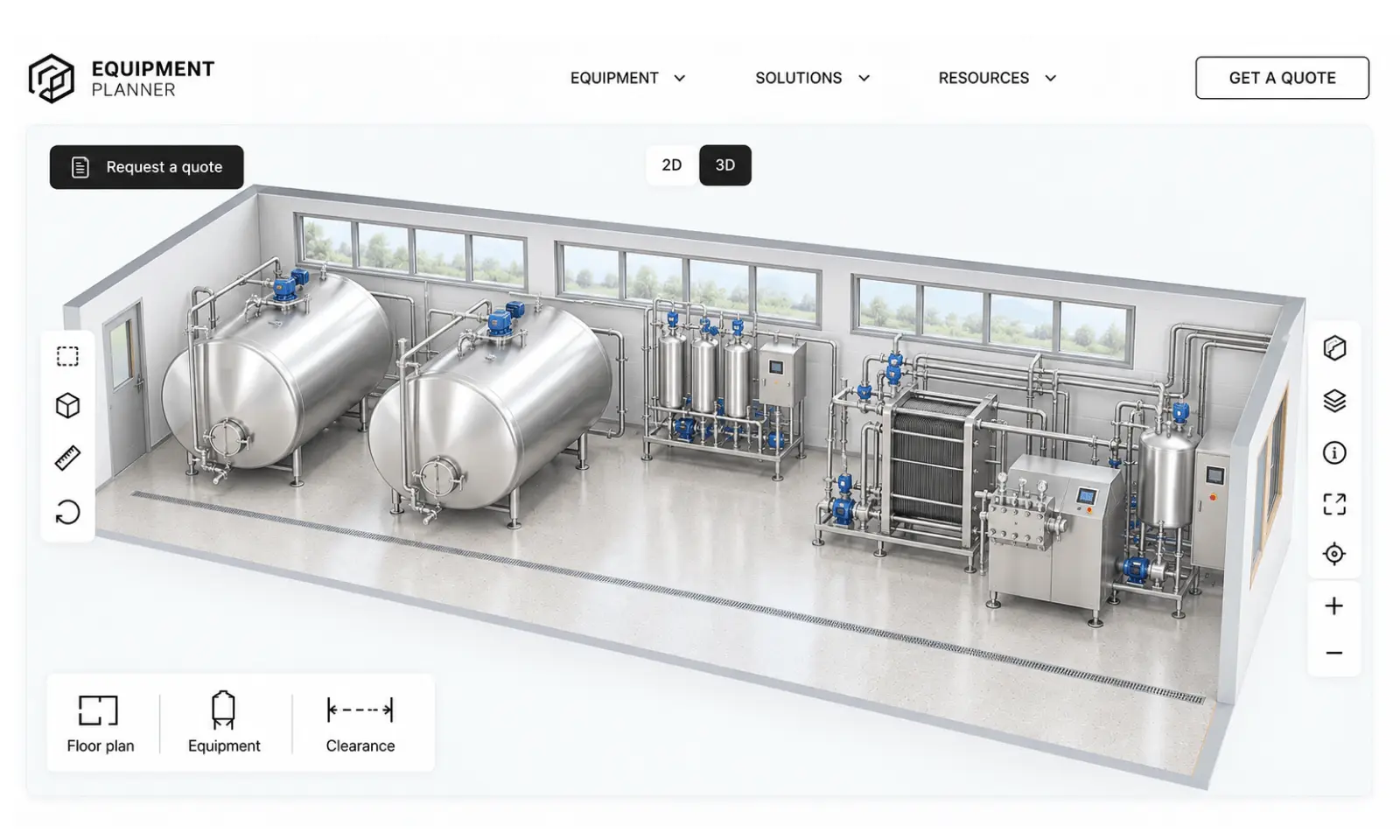 Processing facility layout with tanks and equipment