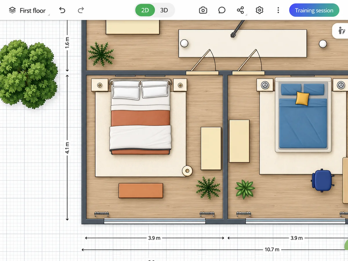 2D floor plan of two bedrooms