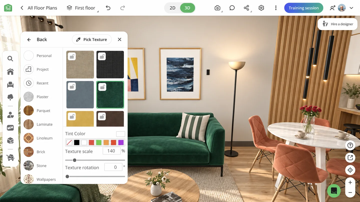 Room layout planner interface with drag-and-drop finishings and textures
