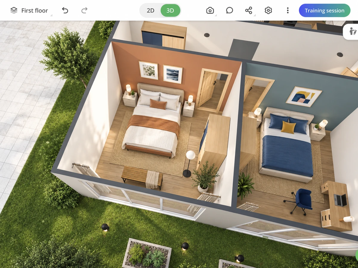 3D top-down view of two bedrooms