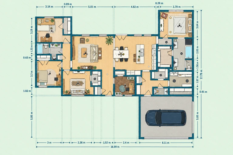 Furnished 2D floor plan of the four-bedroom single-level modern boho ranch