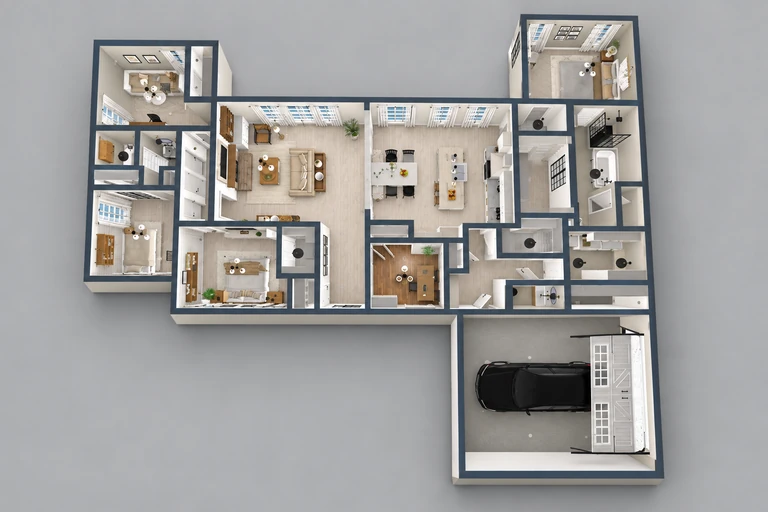 3D dollhouse view of the four-bedroom modern boho ranch and attached garage
