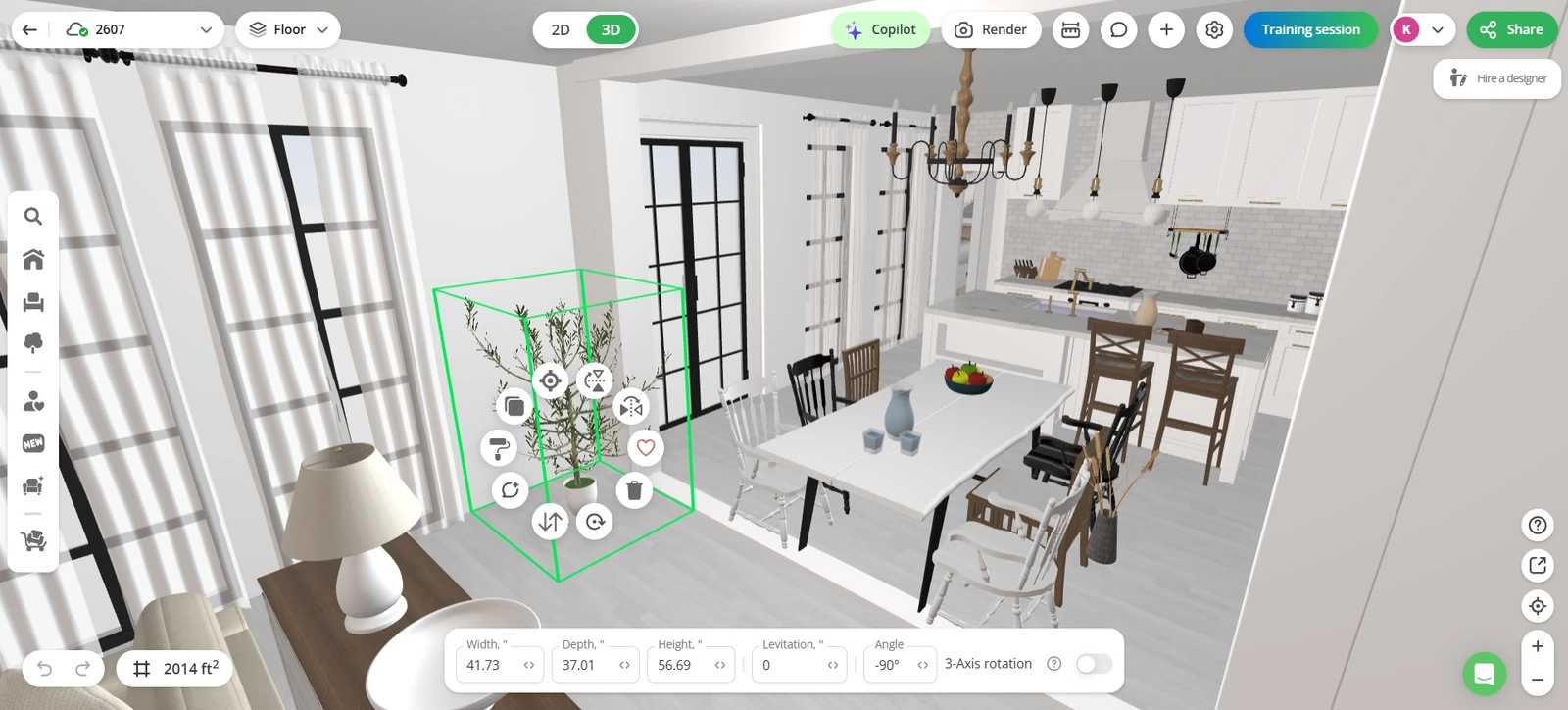 Planner 5D 3D editor showing the ranch dining area and kitchen with Copilot and Render controls