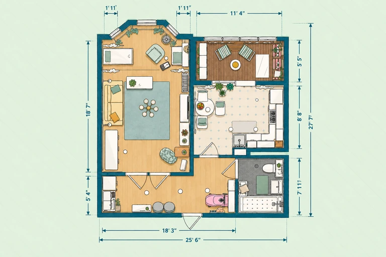 Furnished 2D floor plan of the 570-square-foot studio apartment with nursery nook and balcony