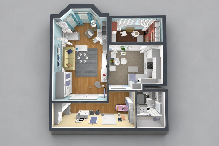 3D overview of the studio apartment with living-sleeping area, nursery nook, kitchen, bathroom, and balcony
