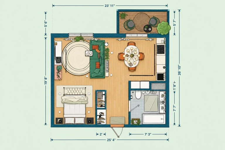Furnished 2D floor plan of Bright Mid-Century Studio Apartment Plan with Open Concept
