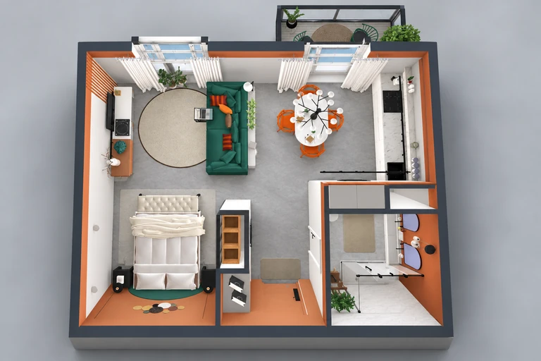 3D overview of Bright Mid-Century Studio Apartment Plan with Open Concept