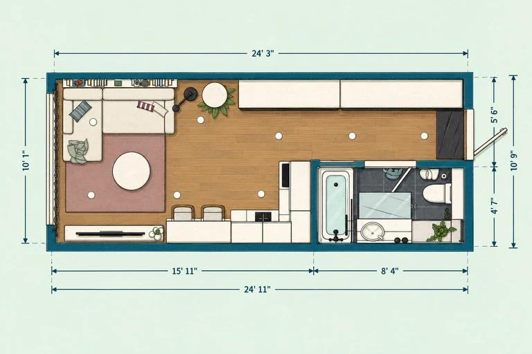 Furnished 2D floor plan of Bright Sleek Studio Floor Plan with L-Shaped Kitchen