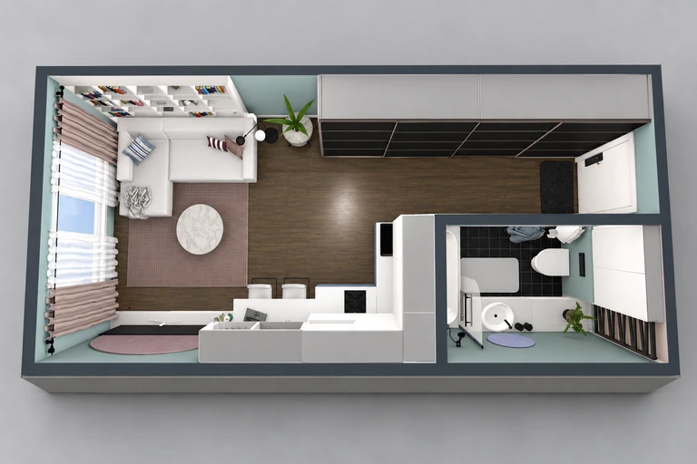 3D overview of Bright Sleek Studio Floor Plan with L-Shaped Kitchen