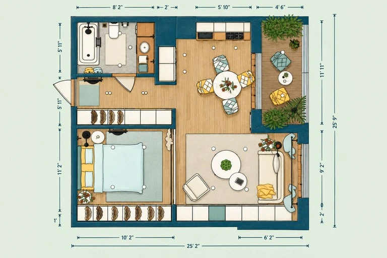 Furnished 2D floor plan of Bright Small Modern Apartment Plan with Sunroom