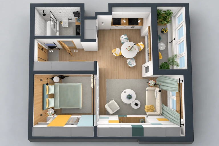 3D overview of Bright Small Modern Apartment Plan with Sunroom
