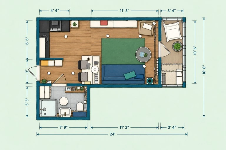 Furnished 2D floor plan of Bright Studio Apartment Layout for Creative Living