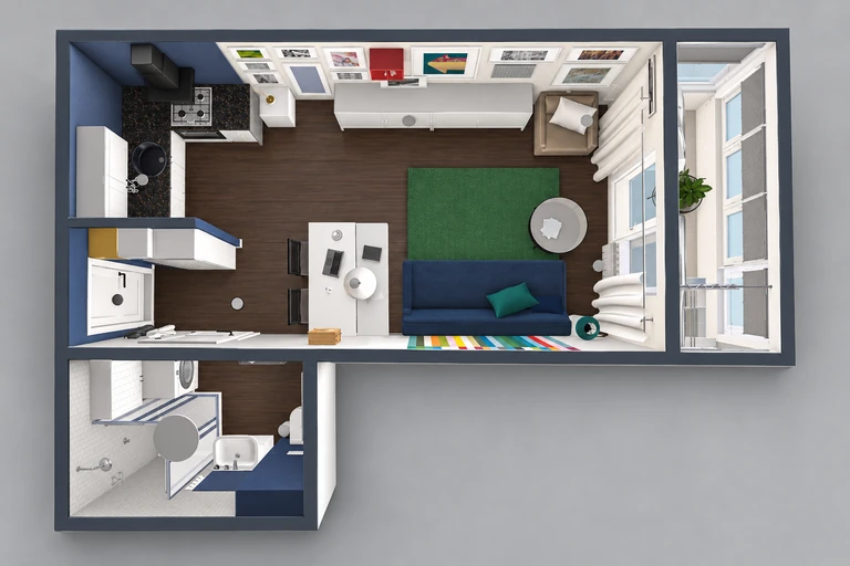 3D overview of Bright Studio Apartment Layout for Creative Living