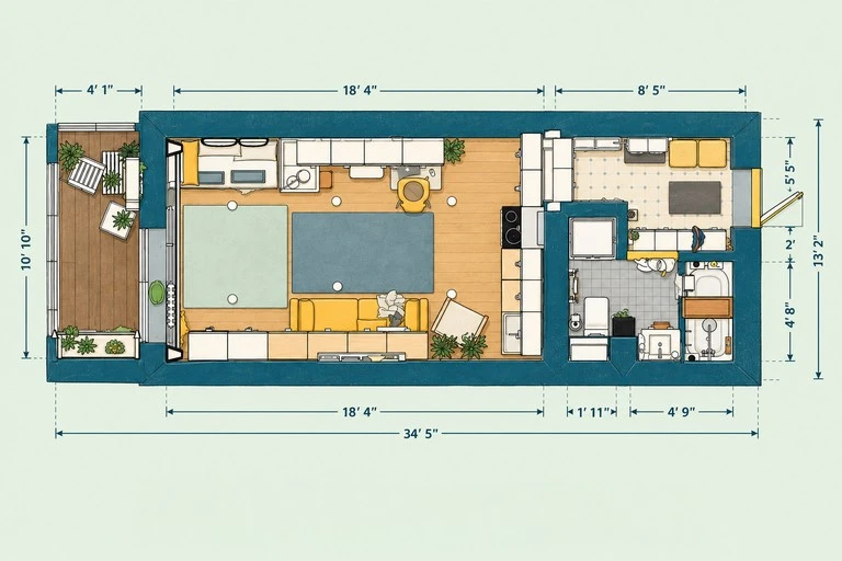 Furnished 2D floor plan of Bright Studio Balcony Floor Plan with Open Layout