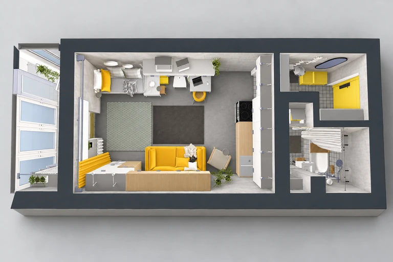 3D overview of Bright Studio Balcony Floor Plan with Open Layout