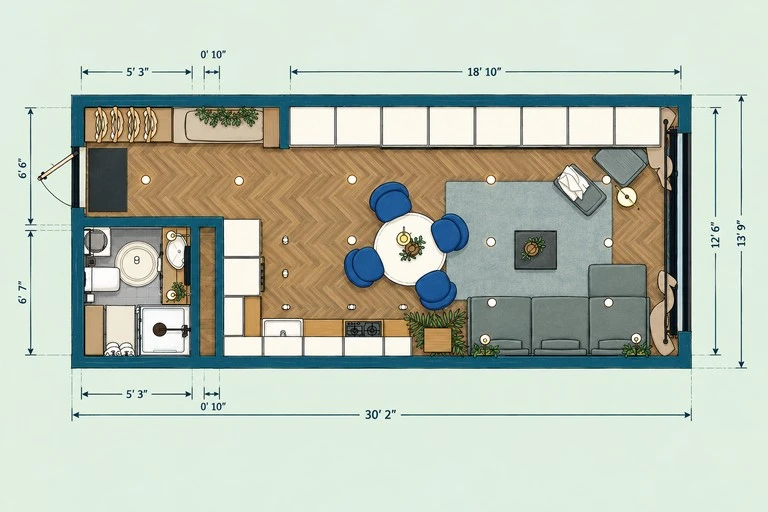 Furnished 2D floor plan of Bright Studio Floor Plan with Modern Kitchen & Bath