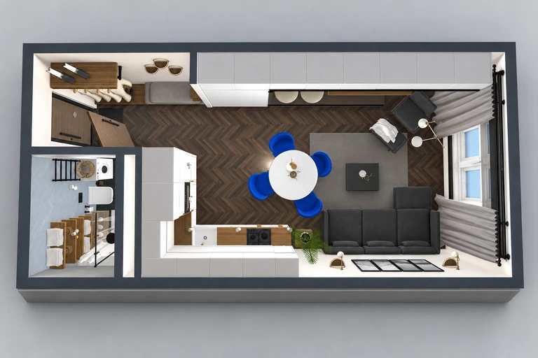 3D overview of Bright Studio Floor Plan with Modern Kitchen & Bath