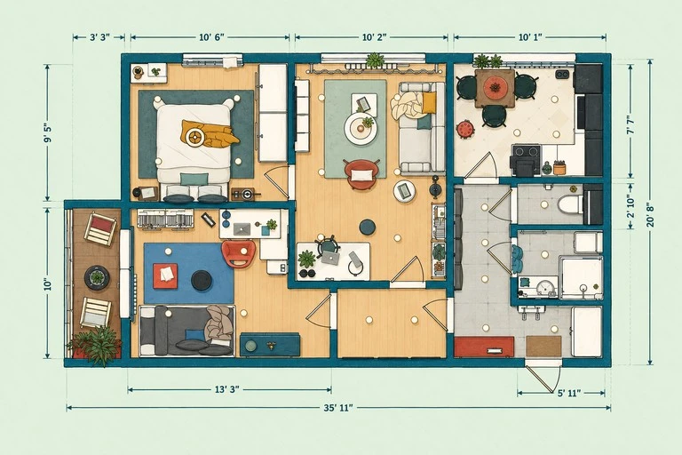 Furnished 2D floor plan of Bright Swedish Apartment Layout with Functional Flow