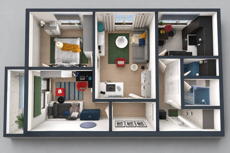 3D overview of Bright Swedish Apartment Layout with Functional Flow