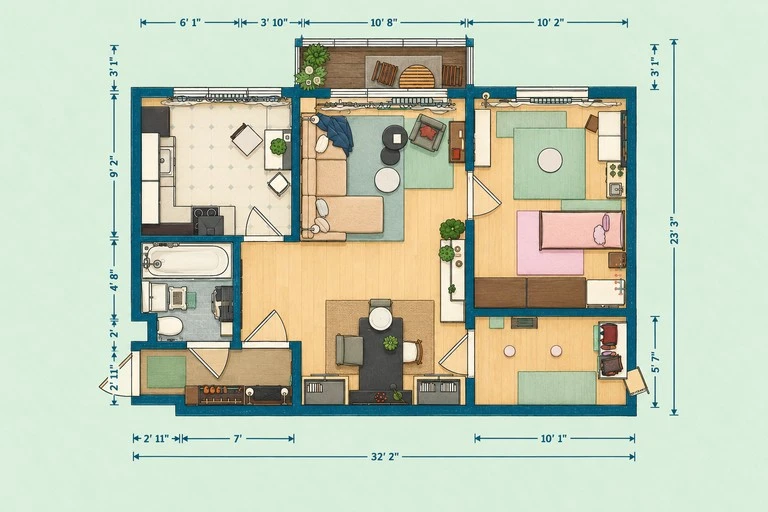 Furnished 2D floor plan of Charming Small Apartment Floor Plan with Kids Room