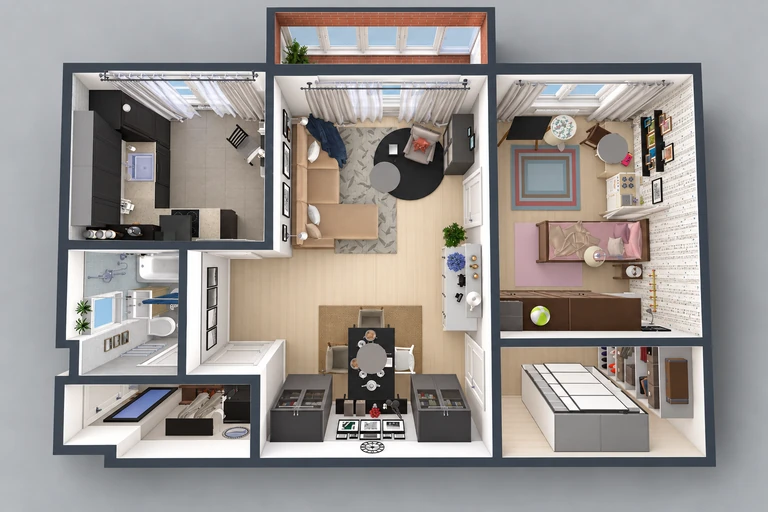 3D overview of Charming Small Apartment Floor Plan with Kids Room
