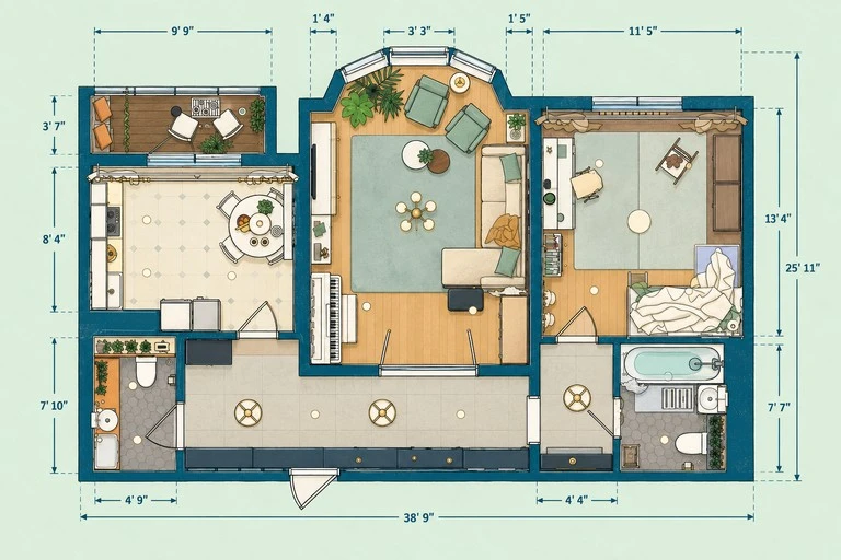 Furnished 2D floor plan of Charming Traditional Apartment Plan for Family Living