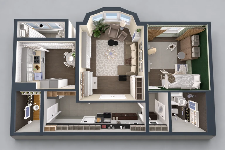 3D overview of Charming Traditional Apartment Plan for Family Living