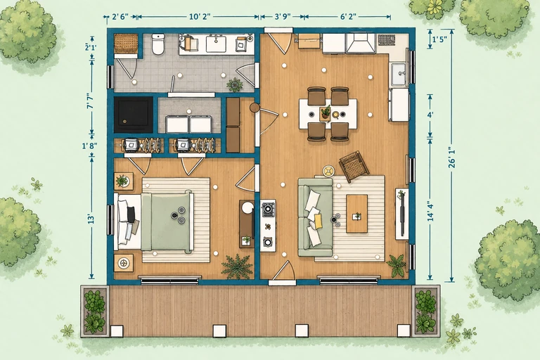 Furnished 2D floor plan of the 667-square-foot one-bedroom small house