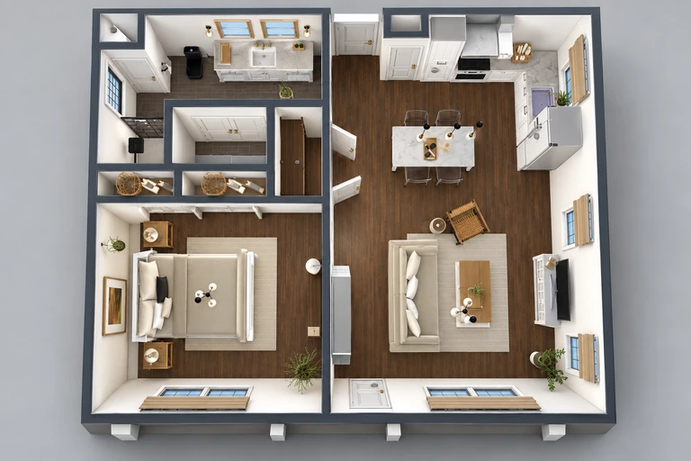3D overview of the compact one-bedroom house with an open kitchen, dining, and living area