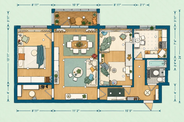 Furnished 2D floor plan of Bright and Spacious Family Apartment Floor Plan