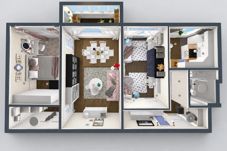 3D overview of Bright and Spacious Family Apartment Floor Plan