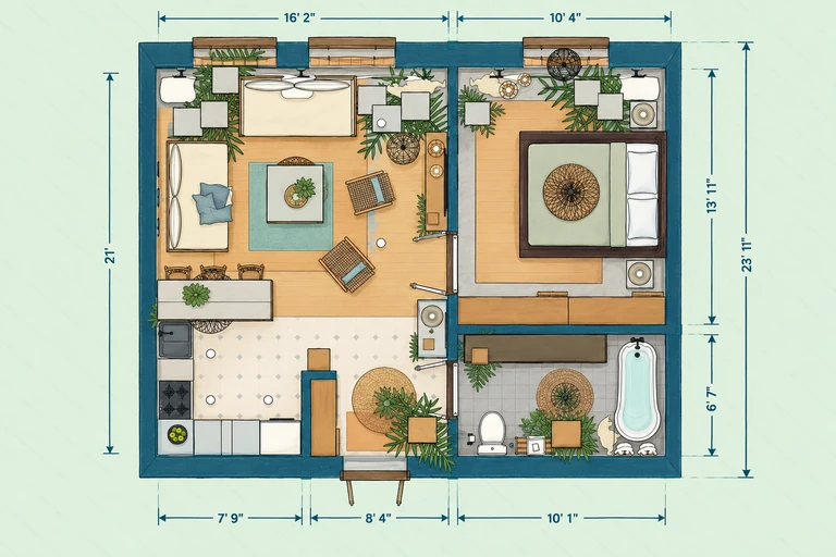 Furnished 2D floor plan of Bright Boho Apartment Plan with Open Living & Island Kitchen