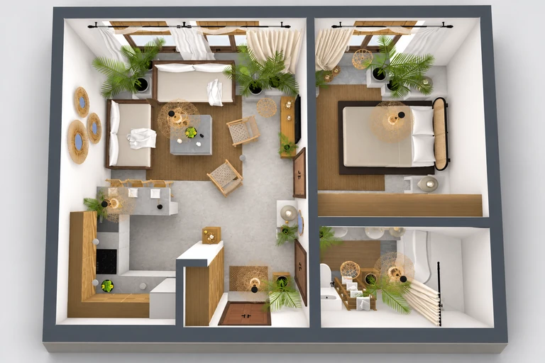 3D overview of Bright Boho Apartment Plan with Open Living & Island Kitchen