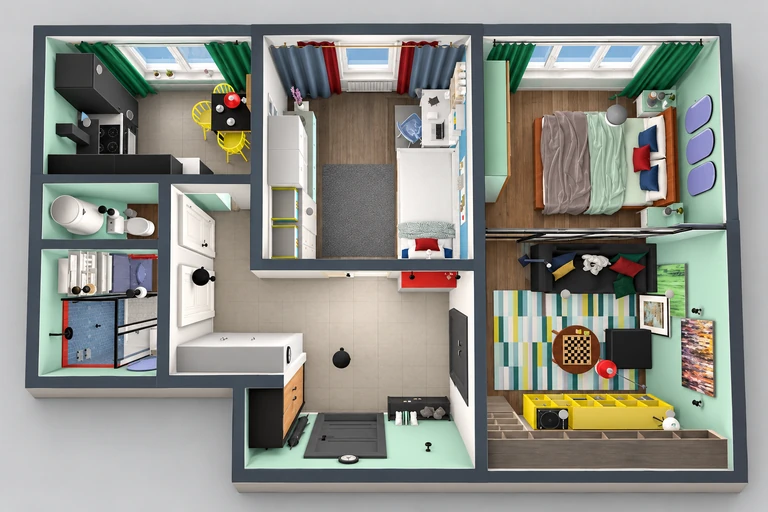 3D overview of Bright Eclectic Apartment Plan with Bold Colors