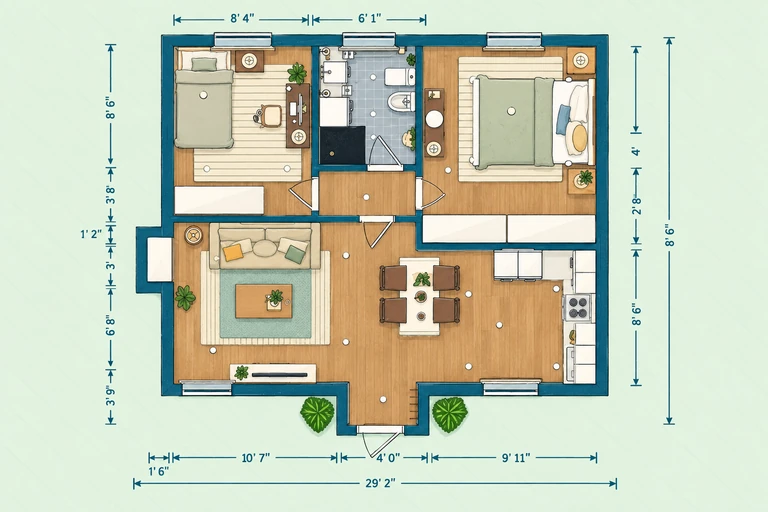 Furnished 2D floor plan of Bright Two Bedroom Small House Plan for Easy Living