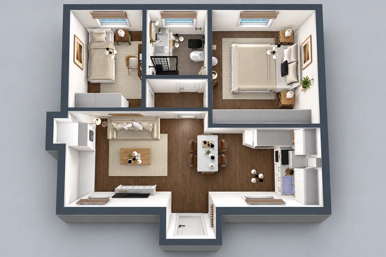 3D overview of Bright Two Bedroom Small House Plan for Easy Living