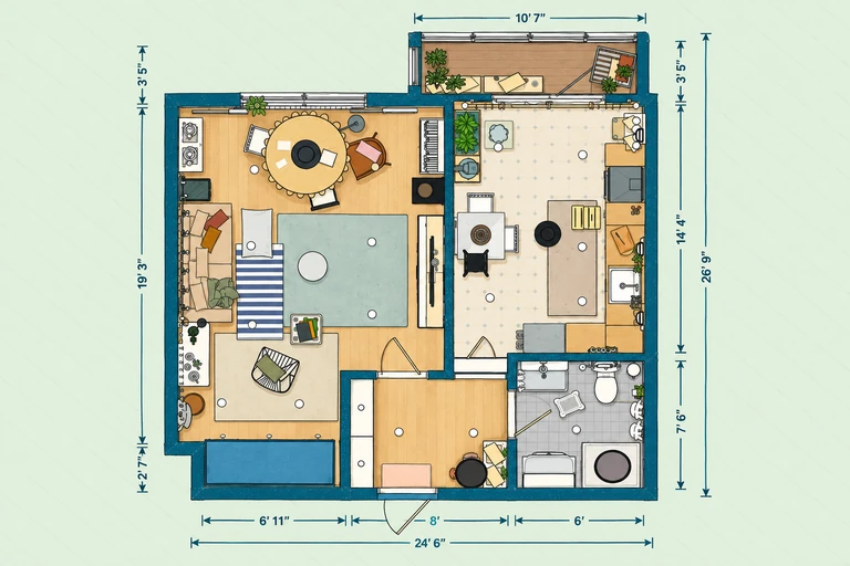 Furnished 2D floor plan of Bright Urban Studio Floor Plan with Balcony