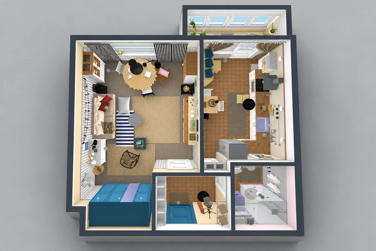 3D overview of Bright Urban Studio Floor Plan with Balcony