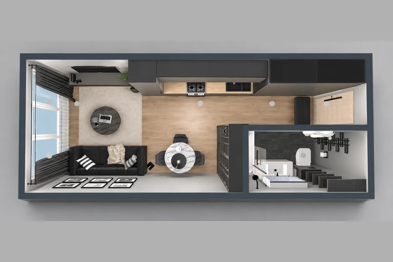 3D overview of Chic Galley Kitchen Studio Plan with Large Window