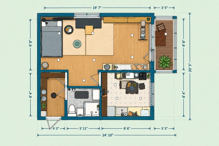 Furnished 2D floor plan of Chic Scandinavian Studio Apartment Plan with Smart Layout