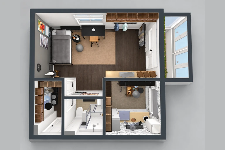 3D overview of Chic Scandinavian Studio Apartment Plan with Smart Layout