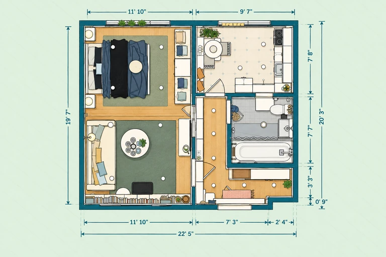 Furnished 2D floor plan of Chic Studio Apartment Plan with Modern Kitchen & Bath